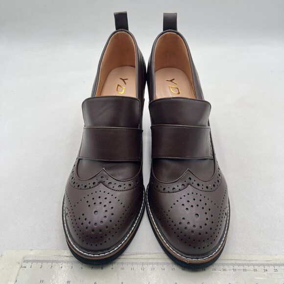 YDN Saddle Brown Chunky High Heels Round Toe Oxford Loafer Dress Shoe - Picture 3 of 8